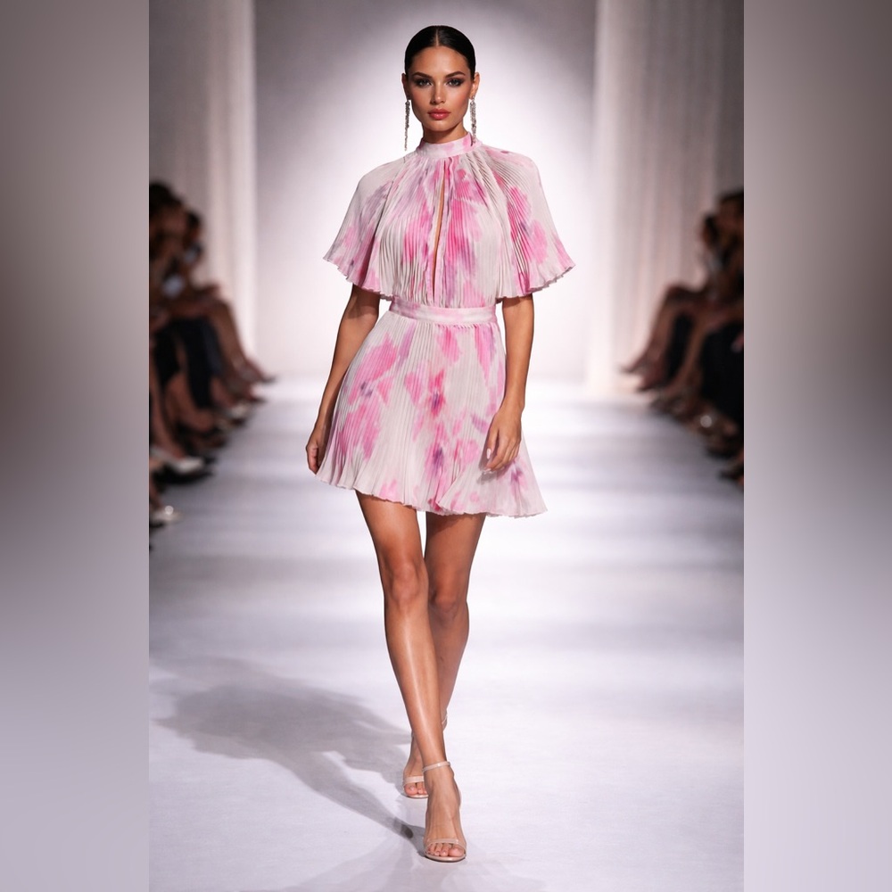 Pleated Tie-Dye Mini Dress in Pink and White - Picture 9 of 9